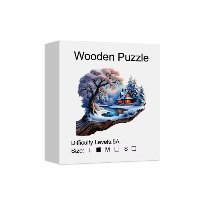 Puzzle en bois Treehouse in the Snow pour adultes, pièces de forme unique, coffret cadeau exquis, ex