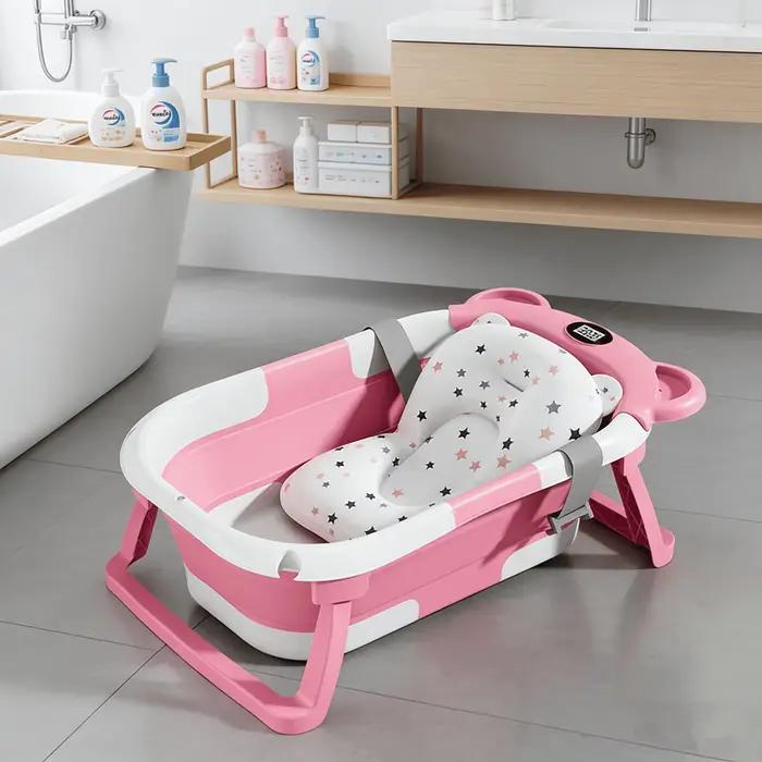 Baignoire pliable pour bébé, accessoires de bain avec thermomètre et tapis de bain, se plie sans eff