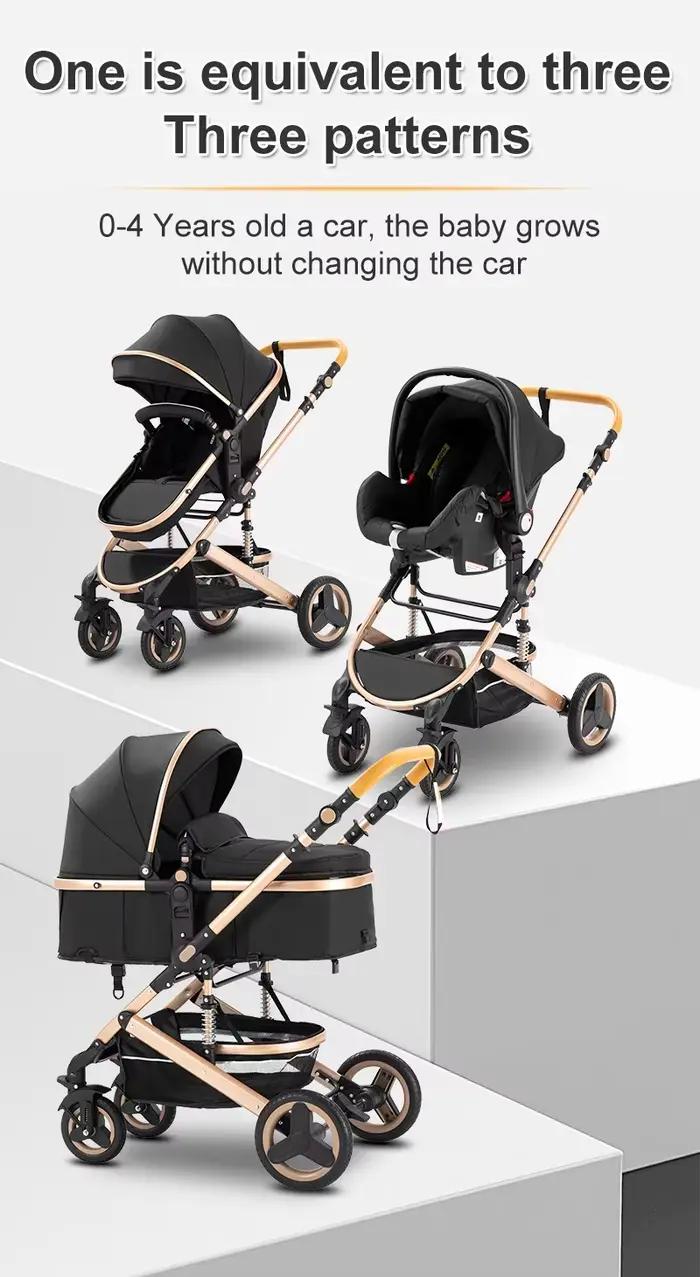 Poussette multifonction 3 en 1 avec panier de couchage et siège auto, poussette compacte pliable, po
