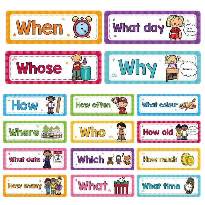 Cartes d'apprentissage de la grammaire anglaise avec mots de questions pour enfants, décoration de t
