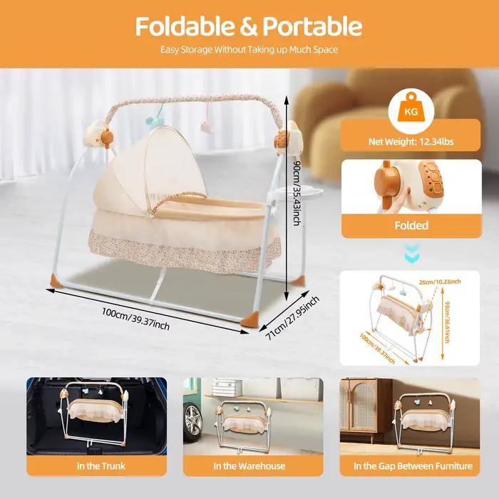 Berceau électrique pour bébé, 5 vitesses de balancement, berceuses Bluetooth, pliable, portable, cap