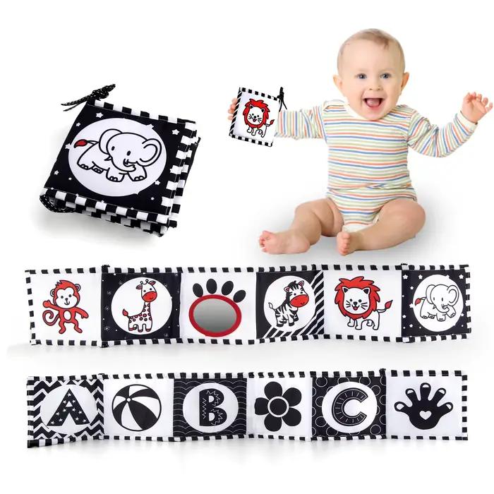 Livre en tissu sensoriel à contraste élevé pour bébés 0M+, jouets de berceau pour nouveau-nés, livre