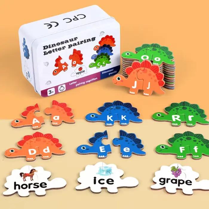 Jeu de puzzle d'association de dinosaures en bois avec cartes de lettres ABC, jouet pour la lecture