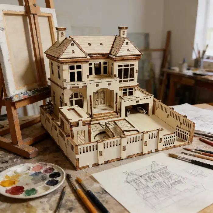 Modèle de puzzle en bois 3D d'une villa de campagne – Jouet éducatif en bois à assembler soi-même –