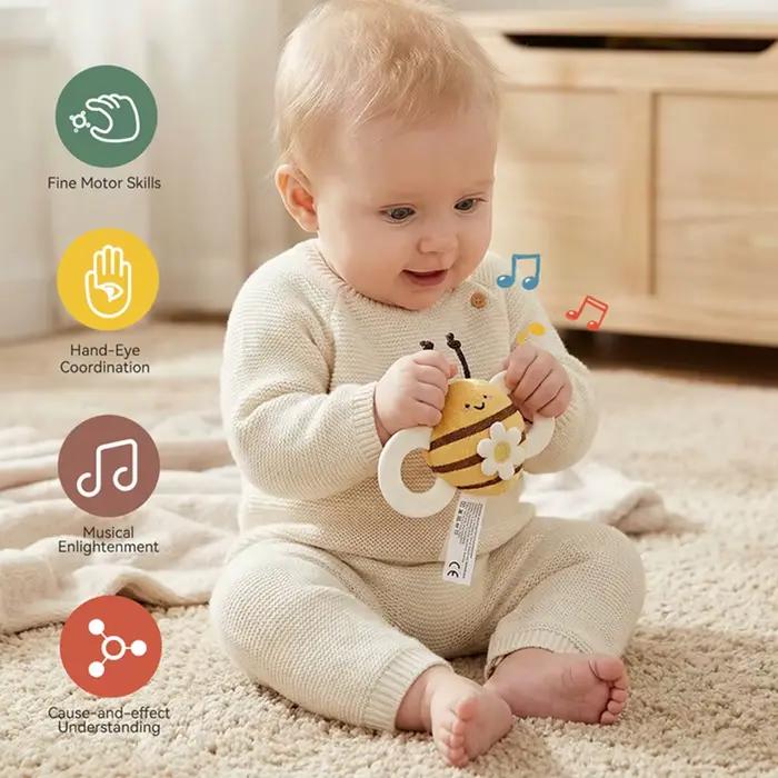 Jouet hochet en feutre doux en forme d'abeille pour bébés, adapté aux nouveau-nés de 0 à 6 mois, stimulation multisensorielle, développe les capacités de préhension précoce