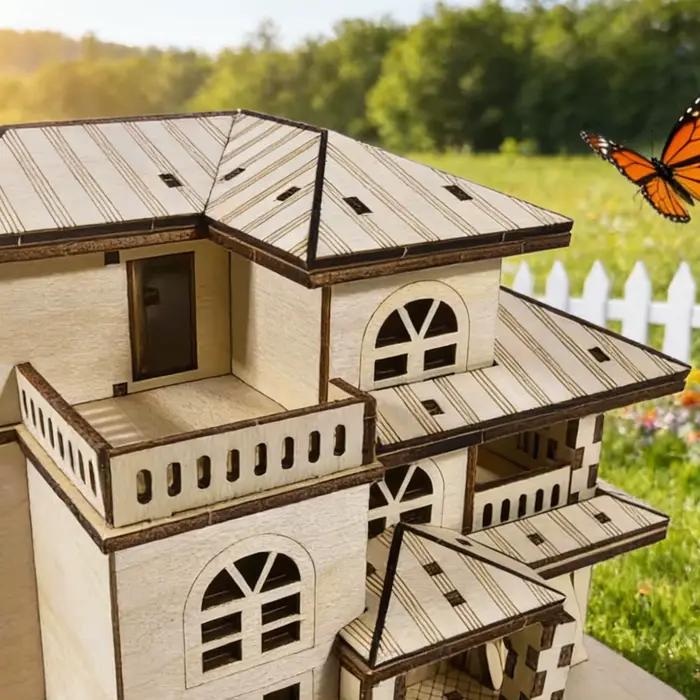 Puzzle en bois 3D de villa – Modèle de bâtiment à deux étages de style européen – Jouet de construction DIY fait main – Décorations de table