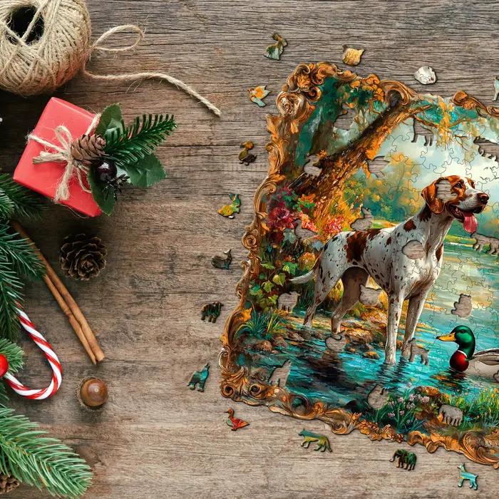 Puzzle en bois sur le thème de l'ours brun et du chien de chasse