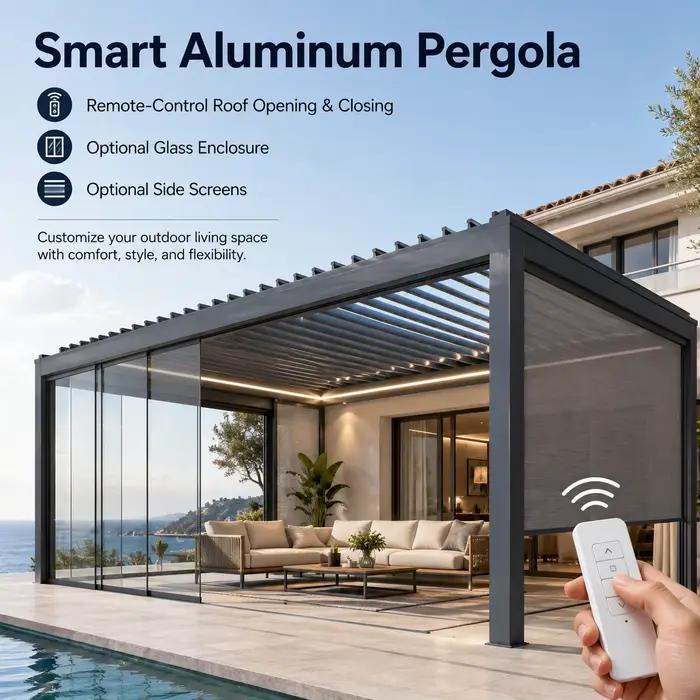 Pergola bioclimatique moderne en aluminium, gazebo, pavillon, jardin extérieur, cour, patio, villa, terrasse, intimité, taille personnalisée, toit