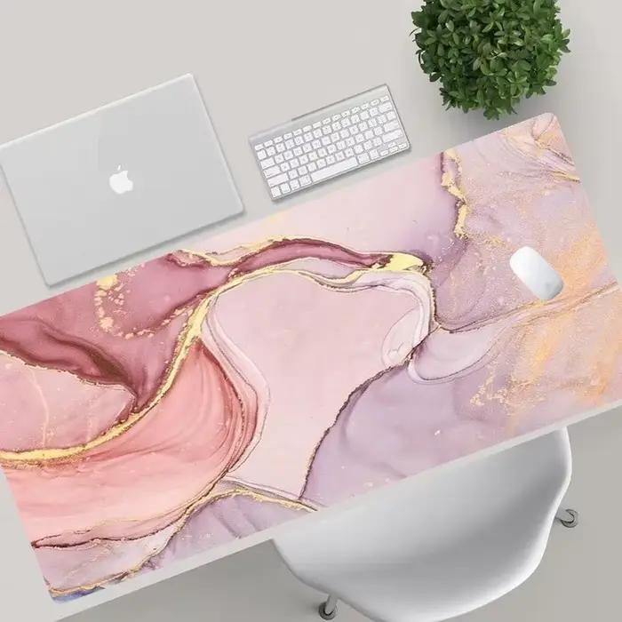 Tapis de souris à texture marbrée, design de luxe rose doré, tapis de bureau grand format en caoutchouc souple, pour jeux, ordinateur, clavier, rose, gaming