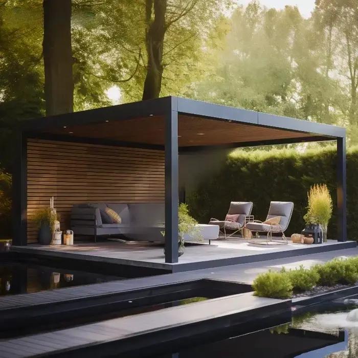 Pergola de cuisine extérieure en aluminium et bois | Gazebo BBQ avec écrans à lamelles pour jardin et terrasse