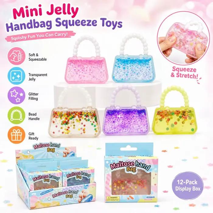 Mini sac à main jouet sensoriel anti-stress en forme de sac à main, souple et extensible, avec rembourrage transparent effet gelée et paillettes