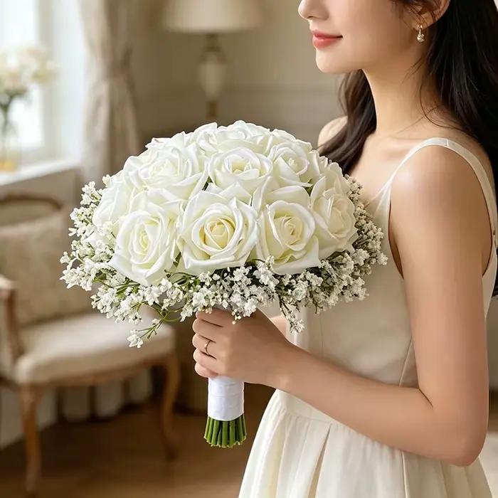 Bouquet de Mariage, Fleurs Artificielles pour Mariée et Demoiselles d'Honneur, Roses et Gypsophile, Accessoires de Mariage, Décoration de Centre de Table