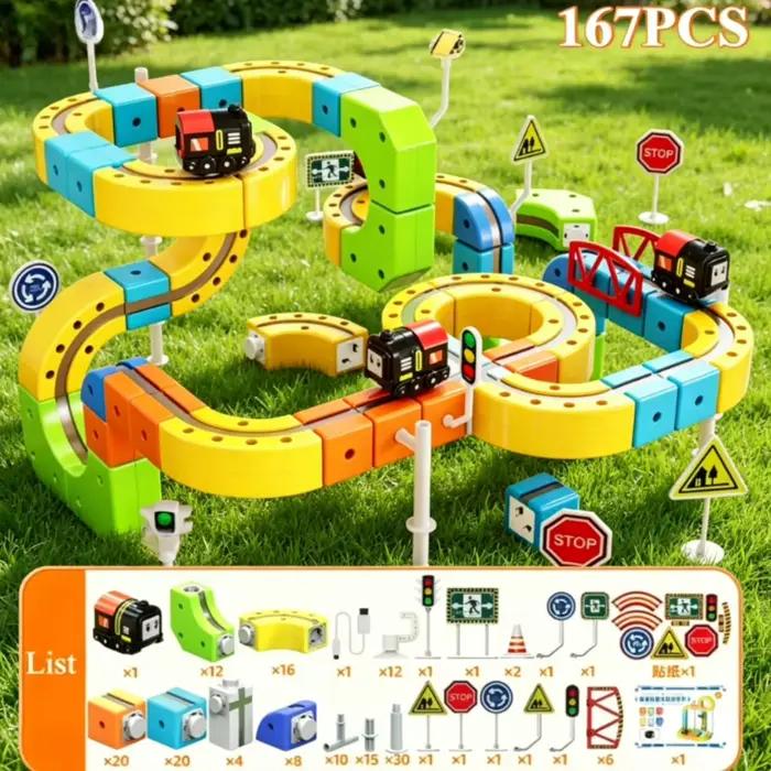 Circuit de course magnétique à assembler soi-même, voiture électrique, jouet de construction en cubes, cadeau éducatif pour enfants, garçons et filles