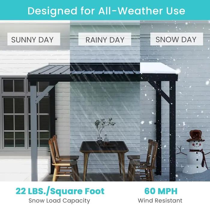 Pergola murale robuste inclinée avec système de drainage intégré et auvent de protection imperméable