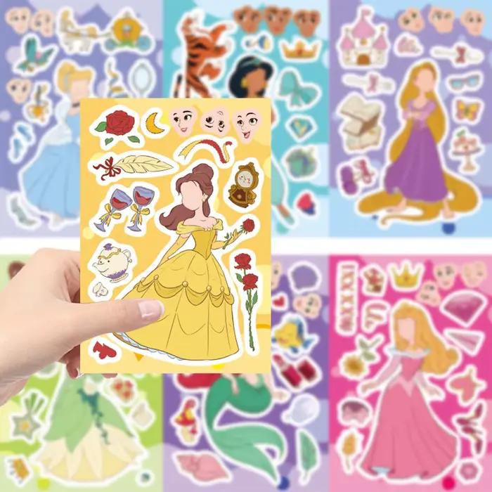 Autocollants puzzle mignons de princesses Disney, 8/16/24 feuilles, pour créer des visages, amusants, à assembler soi-même, éducatifs, décoratifs, jouets