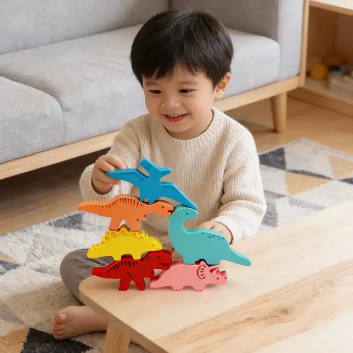 Jeu d'empilage de dinosaures en bois - Un défi amusant et éducatif pour stimuler l'équilibre
