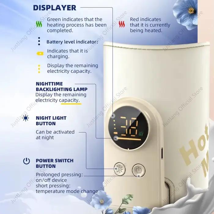 JUSTLANG 10000mAh chauffe-biberon 5 niveaux de chaleur multifonction chauffe-lait maternel contrôle précis de la tempéra