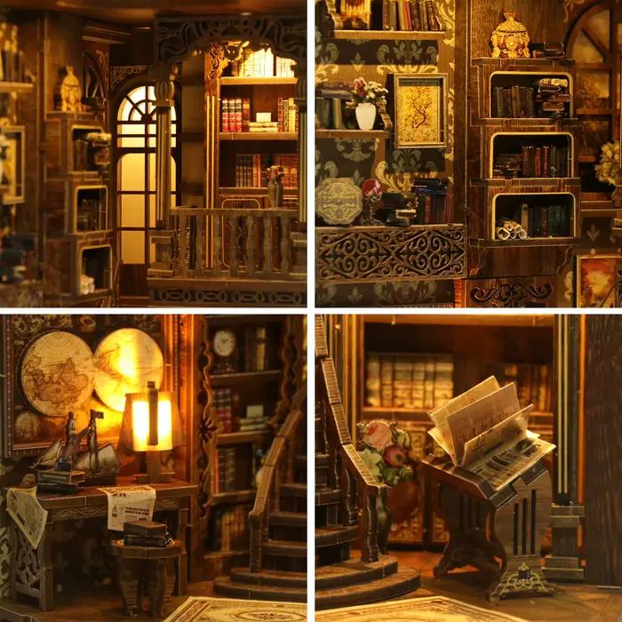 Kit de bricolage de coin de livre en bois pour salle de collection de livres Vintage