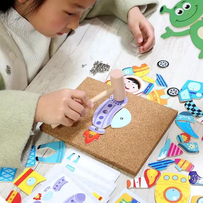 Puzzle en bois pour enfants, jouets éducatifs, marteau en liège, frapper le pouce, univers, circulation, Animal, ensemble