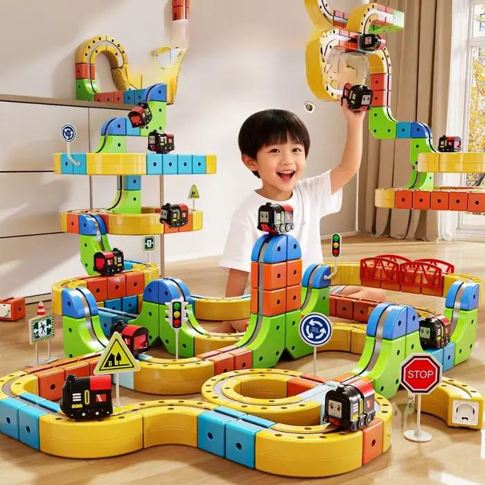 Circuit de course magnétique à assembler soi-même, voiture électrique, jouet de construction en cubes, cadeau éducatif pour enfants, garçons et filles