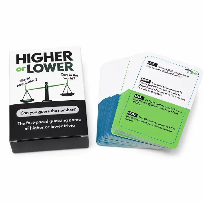 100 cartes de jeu de questions-réponses « Plus haut ou plus bas »
