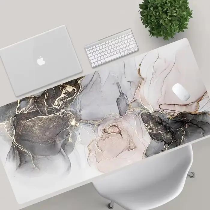 Tapis de souris à texture marbrée, design de luxe rose doré, tapis de bureau grand format en caoutchouc souple, pour jeux, ordinateur, clavier, rose, gaming