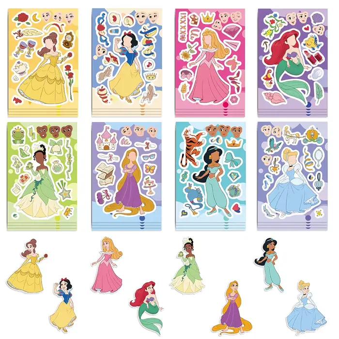 Autocollants puzzle mignons de princesses Disney, 8/16/24 feuilles, pour créer des visages, amusants, à assembler soi-même, éducatifs, décoratifs, jouets