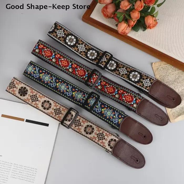 Sangle de guitare réglable, sangle de cou pour guitare électrique et acoustique, sangles brodées en coton et cuir, accessoires pour instruments de musique