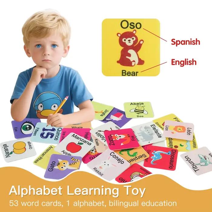 Tableau en feutre d'apprentissage Montessori avec 26 lettres et 53 cartes d'apprentissage bilingues, jouet éducatif pour l'anglais et l'espagnol