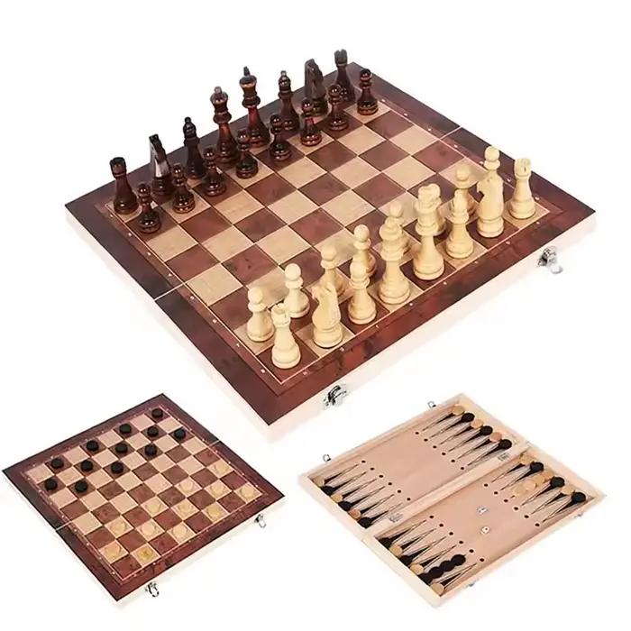 Ensemble de jeux de société 3 en 1 en bois pour damiers, backgammon et échecs, idéal pour les voyages, les réunions familiales et les cadeaux d'occasion spéciale