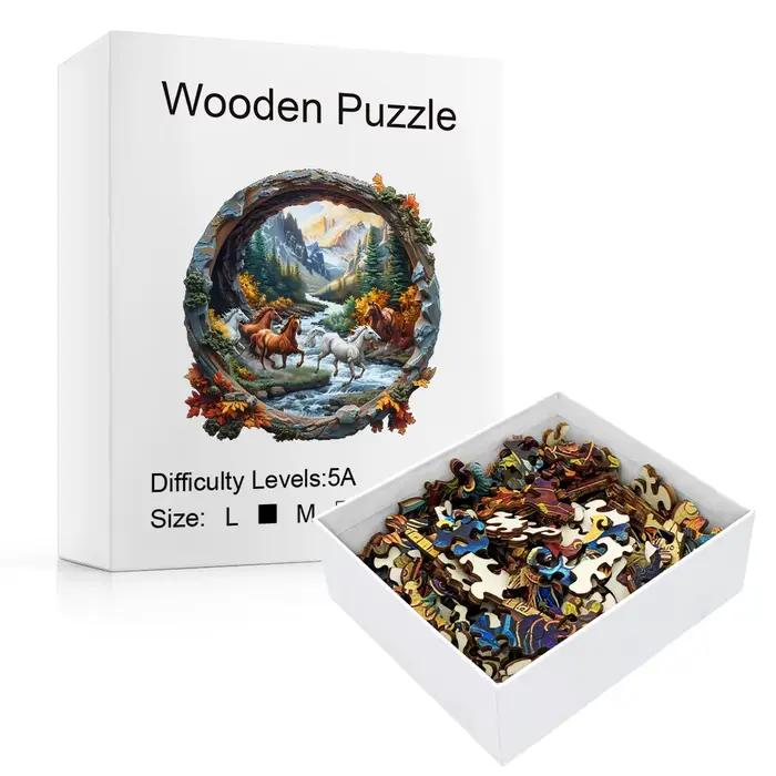 Puzzles en bois forêt et cheval, emballage de boîte en papier exquis, jouets puzzle en forme, cadeaux uniques anti-Stress pour adultes, irréguliers