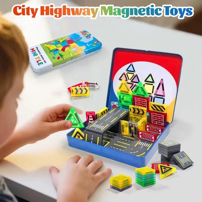 Ensemble de Construction de Route Magnétique Jouets Educatifs Montessori Plastique 32 58 Pièces Boîte en Fer Occasions Spéciales Jeu Créatif Pour Enfants