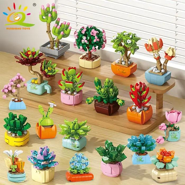 HUIQIBAO MOC fleur succulente en pot modèle bloc de construction bricolage Bouquet éternel maison bureau plante décor