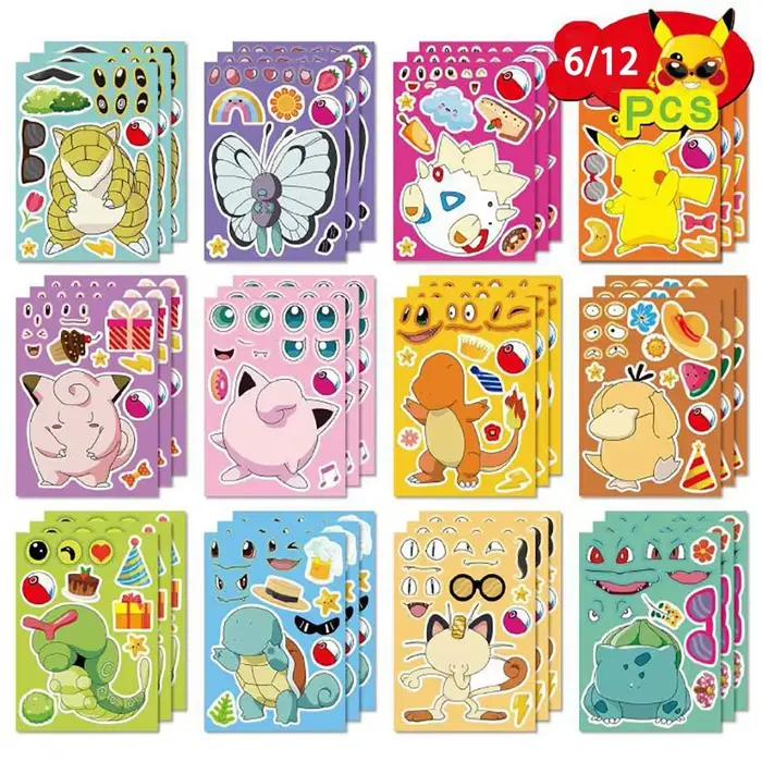 6/12 feuilles Pokemon enfants Puzzle Anime autocollants faire un visage assembler drôle dessin
