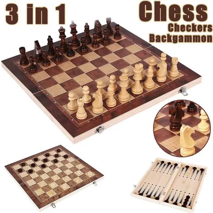 Ensemble de jeux de société 3 en 1 en bois pour damiers, backgammon et échecs, idéal pour les voyages, les réunions familiales et les cadeaux d'occasion spéciale