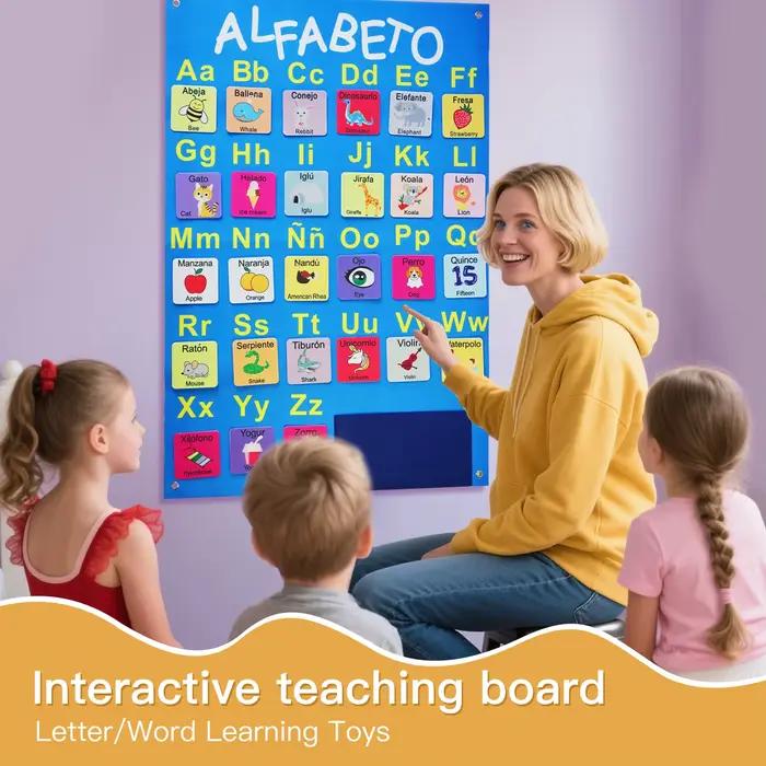 Tableau en feutre d'apprentissage Montessori avec 26 lettres et 53 cartes d'apprentissage bilingues, jouet éducatif pour l'anglais et l'espagnol