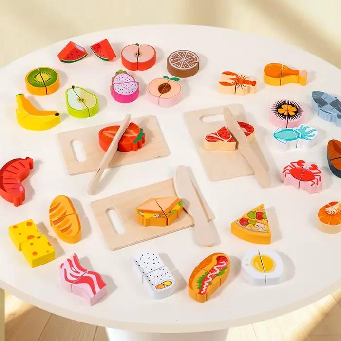 Ensemble de coupe de jeu de simulation en bois-jouet aux fruits/fruits de mer/à thème alimentaire pour les enfants