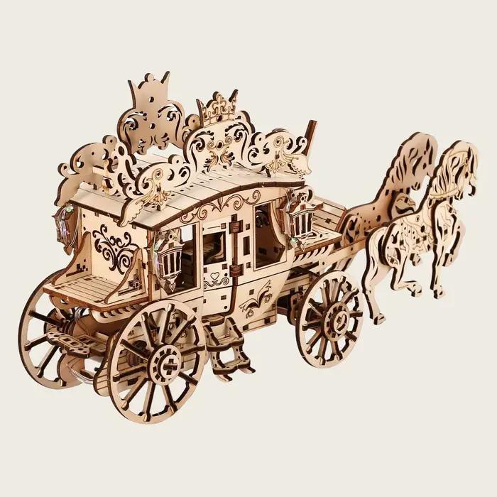 Kit de puzzle 3D chariot à cheval artisanal en bois blanc pour adultes et adolescents occasion décoration festive et cadeau spécial