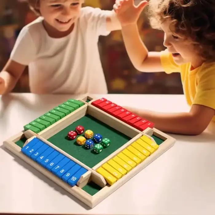 Jeu de société de dés arithmétiques en bois – Boîte à cartes rabattable avec carrelage à 4 faces