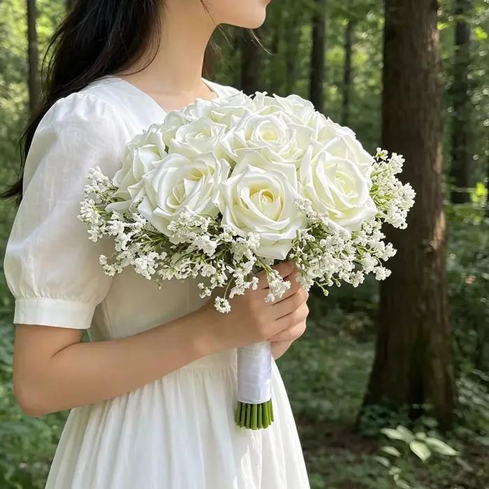 Bouquet de Mariage, Fleurs Artificielles pour Mariée et Demoiselles d'Honneur, Roses et Gypsophile, Accessoires de Mariage, Décoration de Centre de Table