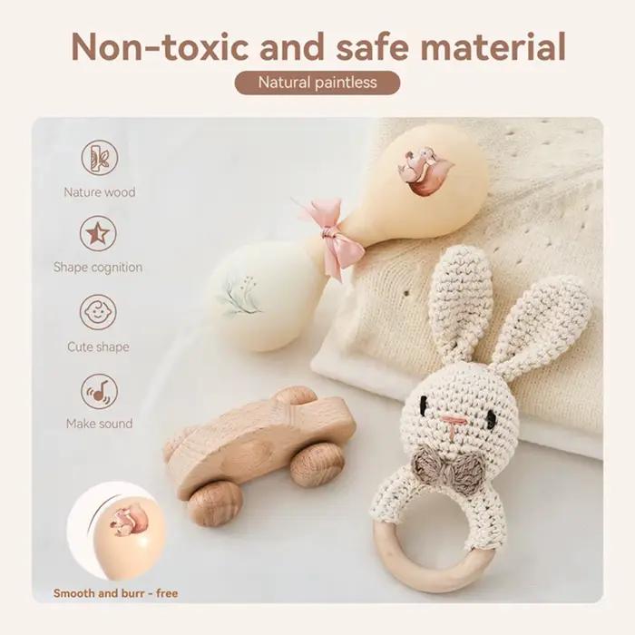Ensemble de jouets pour bébé, hochet lapin au crochet, Instrument de musique pour nourrissons, jouet à pousser en bois, jouet éducatif Montessori pour nouveau-né, cadeau pour bébé