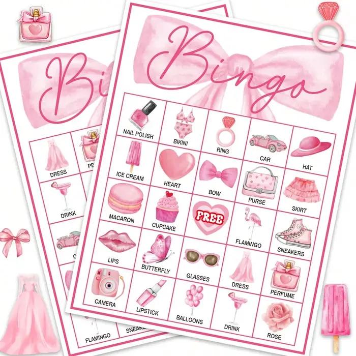 Cartes de jeu de bingo pour fête d'anniversaire avec nœud rose, jeux d'anniversaire rose vif pour 24 joueurs, jeu de cartes de bingo pour fournitures de fête