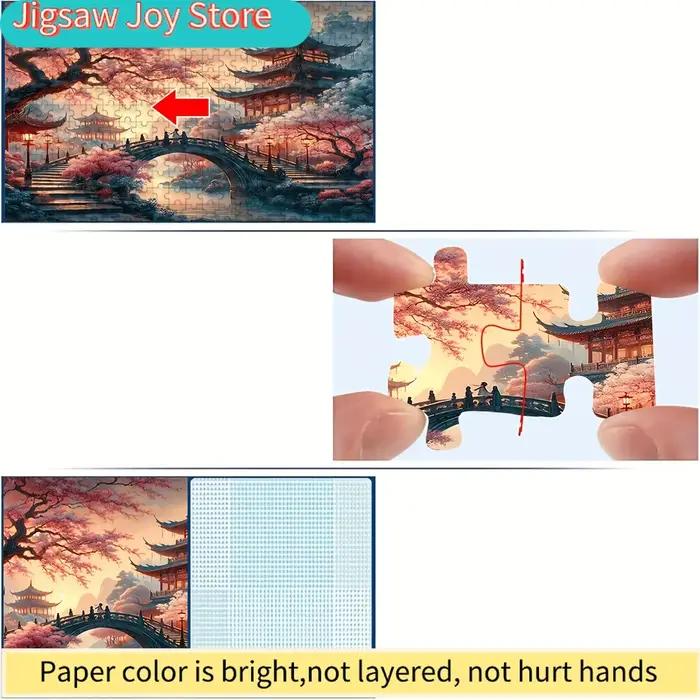 500/ Puzzle inspiré du Japon avec des fleurs de cerisier et des pagodes