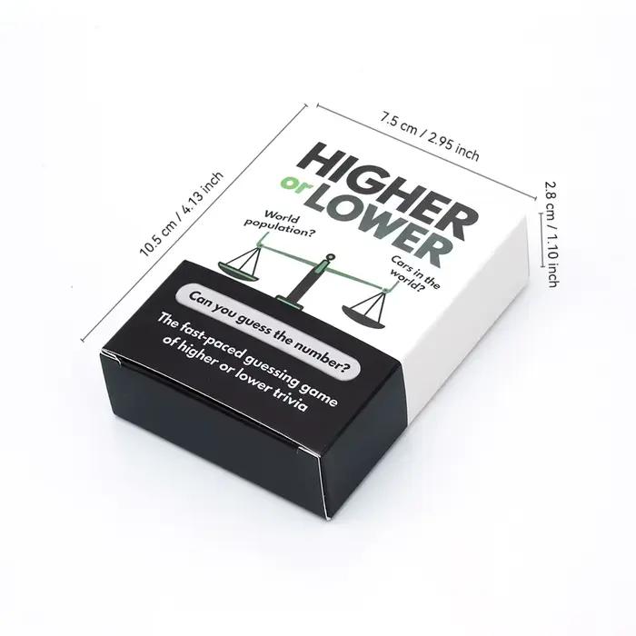 100 cartes de jeu de questions-réponses « Plus haut ou plus bas »