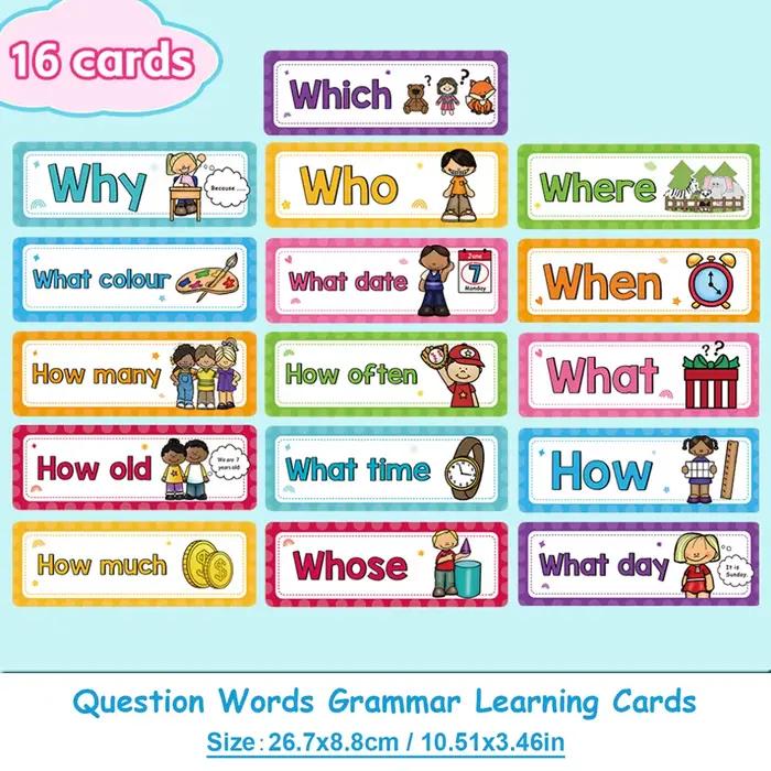 Cartes d'apprentissage de la grammaire anglaise avec mots de questions pour enfants, décoration de tableau d'affichage de classe, fournitures scolaires, affiche éducative