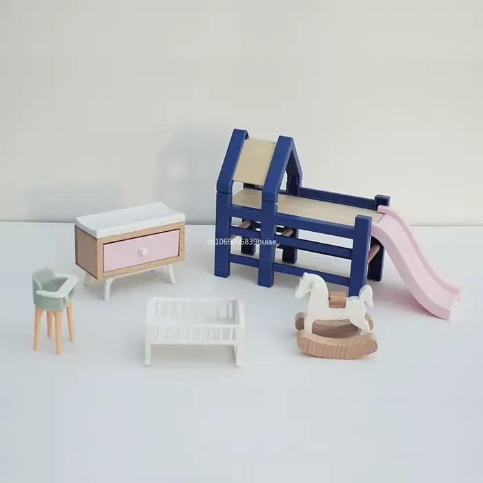 1:12 maison de poupée bébé chambre meubles accessoires toboggan/Cheval de Troie/Table/chaise de salle à manger/lit pour enfants semblant de jouer fournitures