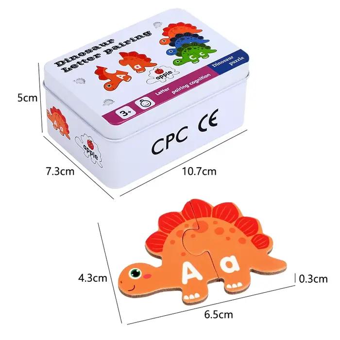 Jeu de puzzle d'association de dinosaures en bois avec cartes de lettres ABC
