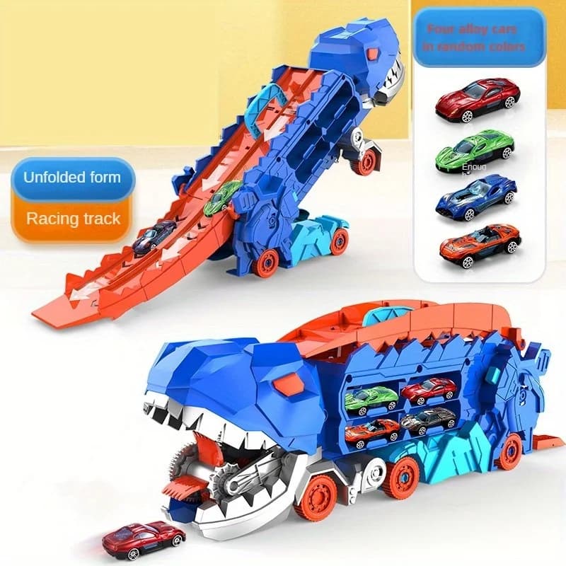 Le camion dinosaure de transport se plie et glisse 25 pouces sur la piste, transformant quatre buggi