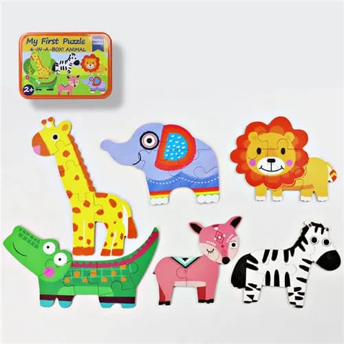 Jouet éducatif en bois pour enfants, puzzle en bois 3D en forme de boîte en fer, animaux/transport,