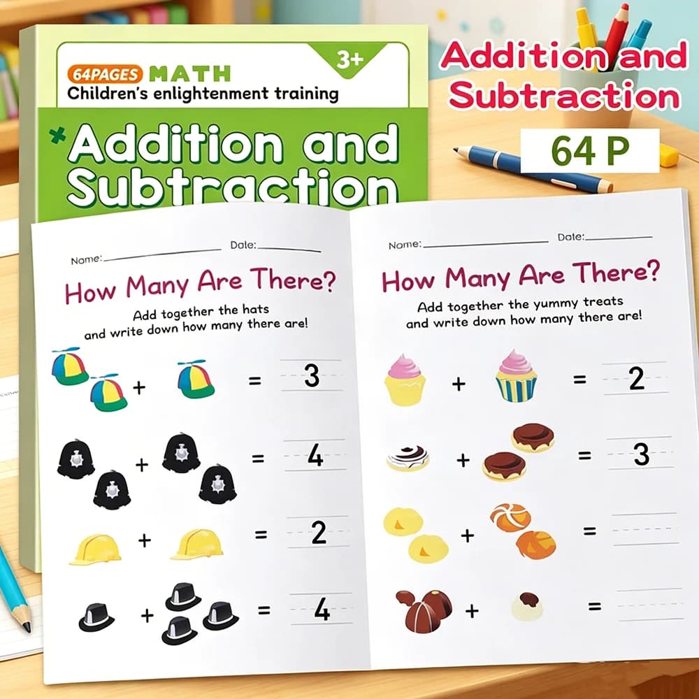 Cahier d'exercices de mathématiques pour la maternelle, addition et soustraction, 64 pages, livre d'